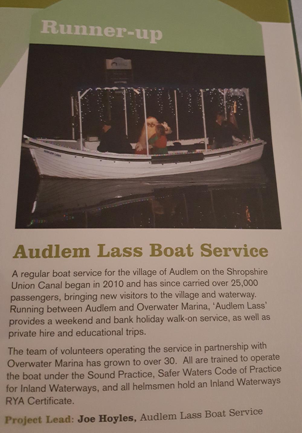 AUDLEM LASS BOAT SERVICE – CANAL & RIVER TRUST LIVING WATERWAYS AWARDS